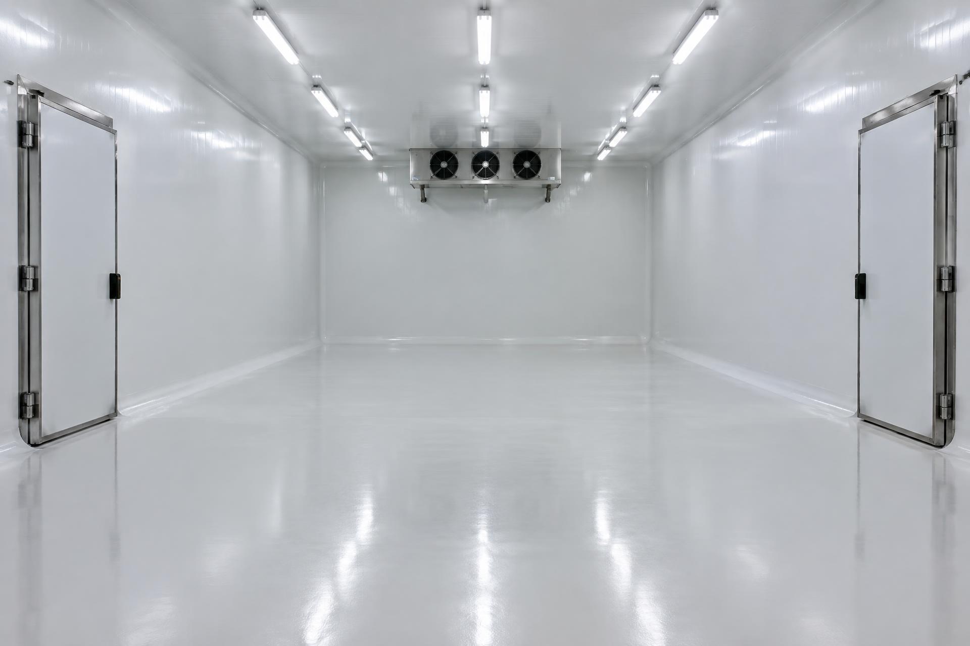 Cámara de frío industrial con piso y muros revestidos en blanco, imagen ilustrativa